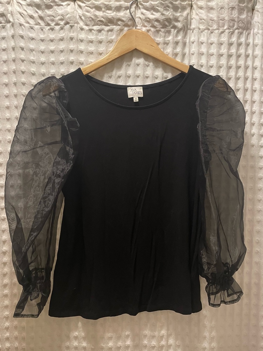 Ava James Black Puff-Sleeve Sheer Organza Top